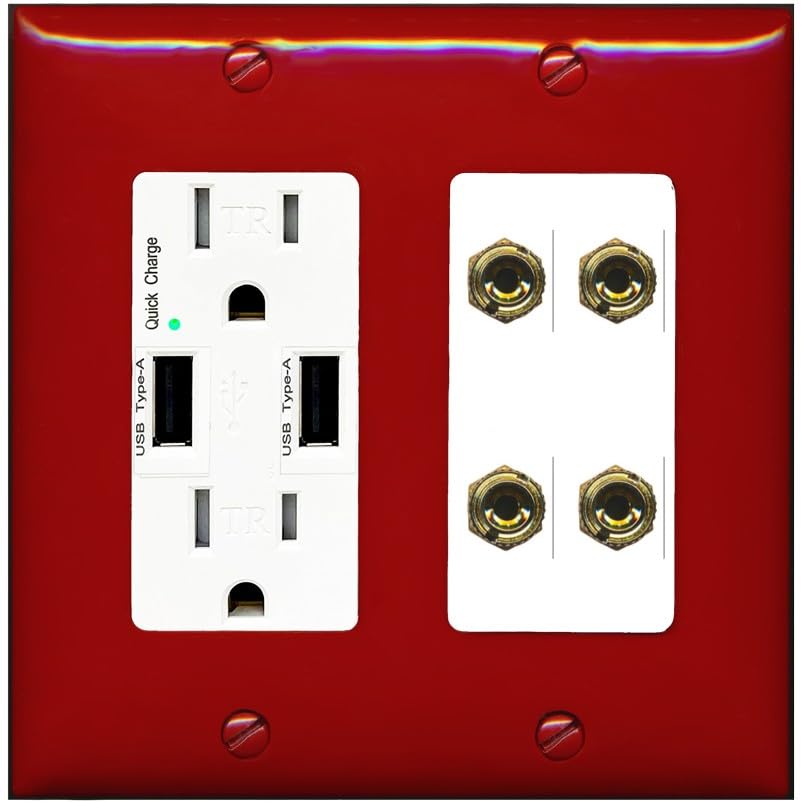 RiteAV 4 Banana 2 Speaker Surround Female Coupler Binding Post Wall Plate - USB Charger Outlet [Red/White]