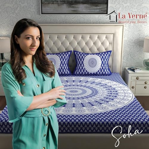 Image of LA VERNE 104 TC Cotton Double Bed Bedsheet Jaipuri Rajasthani Print Bedsheet with 2 Pillow Covers (White, Blue)