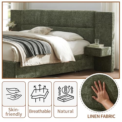 Zanmintaobo King Size Upholstered Platform Bed Frame with 2 Side Storage Drawers & Built-in Nightstands, Linen Headboard, Sturdy Metal Frame, Noise-Free, No Box Spring Needed, Turtle Green