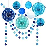 10pcs Under The Sea Theme Blue Party Decorations Kit Boy Birthday Circle Banner Garlands Bunting Paper Fan Flower Pom Poms Decoration/Event Celebration Hanging Decor for Baby Shower/Wedding/Kids Room