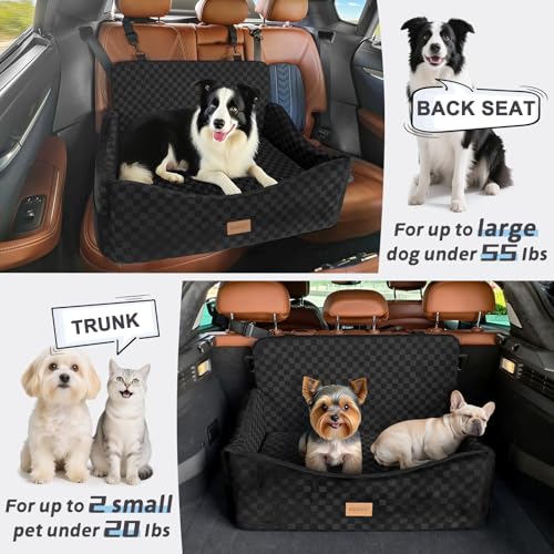 Image of JOEJOY Dog Car Seat for Medium /Large Dogs - Reversible Dual-Sided Travel Dog Car Bed with Memory Foam, Washable Pet Booster Seat for Do gs up to 55 lbs or 2 Small Dogs, 2 Safety Leashes, Black