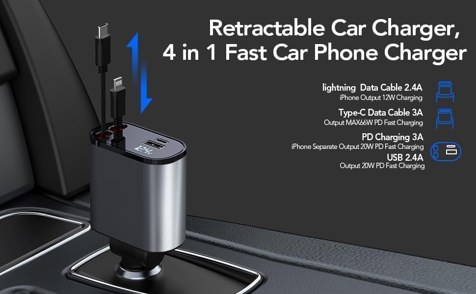 Image of 120W Fast Car Charger with 80CM Retractable Type-C Charging for 4 Devices - Universal Car Mobile Charger for All Smartphones & Tablets (Car Charger)