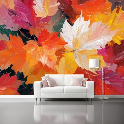 Papier Peint Panoramique Feuilles d'Automne Texture Rouge Orange 300 x 210 cm - Peinture à l'Huile Abstrait - Papier Intissé pour Chambre et Salon -...