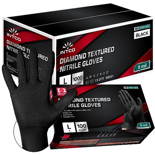 Jointown Heavy Duty Nitrile Industrial Disposable Gloves,8 mil Black Diamond Texture Grip,Power Free,Large Size,100-ct Box