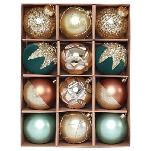 HipTree Christmas Tree Ornaments Decorations Set-12ct 2.36 Inch Green Gold Velvet Ornaments for Christmas Tree Shatterproof Hanging Ball Ornament Bulk,Xmas Tree Tabletop Decorations for Holiday Decor