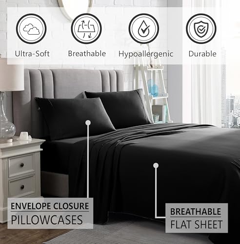 American Home Collection Queen Size Sheet Set - 16-Inch Deep Pocket - Ultra Soft Microfiber Bed Sheets - Breathable, Wrinkle and Fade Resistant, Easy Care - 4 Piece Set (Queen, Black)