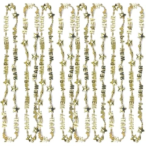 RhinestoneSash New Years Eve Party Favors - SET OF 8: Gold Happy New Year Party Bead Necklaces - New Year's Party Supplies 2025 - Set8(Ncklc) GLD Cover