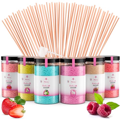Misskandy Zuckerwatte Zucker (Natürliche Aromen und Farbstoffe) / set (6 * 300Gr): Erdbeere/Piña Colada/Apfel/Marshmallow/Cola/Himbeere/zucker für zuckerwattemaschine /+ 50 Stäbchen