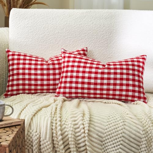 Red and White Outdoor Christmas Gingham Plaid Lumbar Pillow Covers 12x20