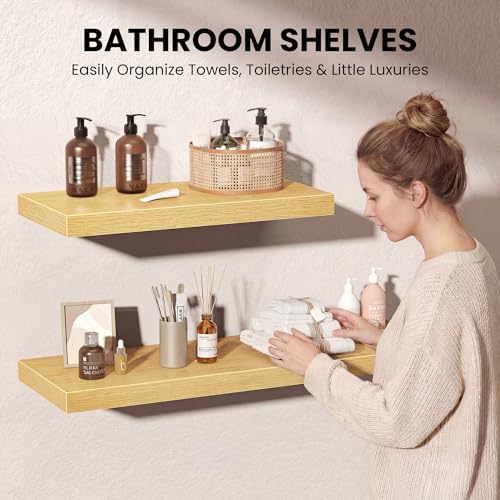 Image of Fun Memories 24 Inch Floating Shelves for Wall, 12 inch Deep Extra Thick Wood Shelves with Invisible Bracket, Large Wall Mounted Storage Shelf for Living Room Bedroom Kitchen, Oak, Set of 3