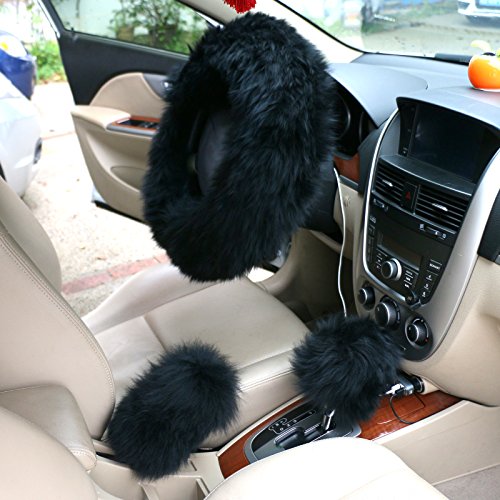 Firwood Universal Luxury Plush Faux Wool Woolen Steering Wheel Cover Case Handbrake Guard Shift Knob Skin 3 in 1 Kit (Black)