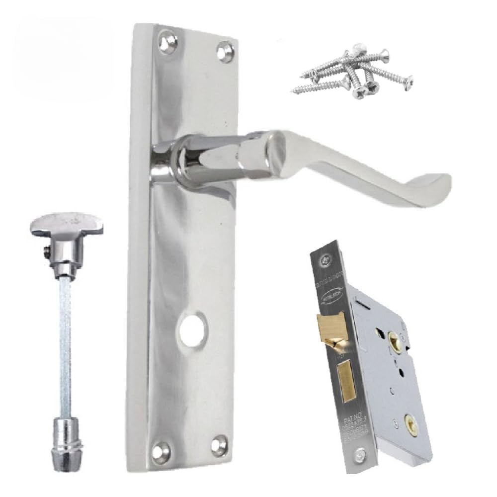 Haven Heritage Silver Victorian Scroll Lever Bathroom Door Handle On Backplate – 150Mm X 42Mm, Polished Chrome – With 63Mm Bathroom Sash Lock & Thumb Turn