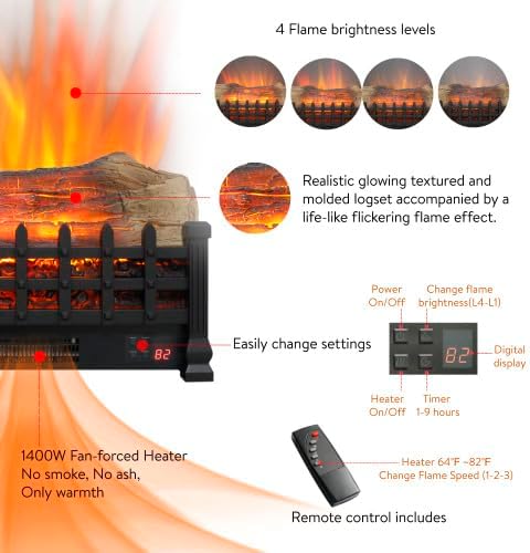 20 inch Electric Fireplace 3D Log Set Insert, Free Standing Fireplace Heater for Indoor (Antique Black)