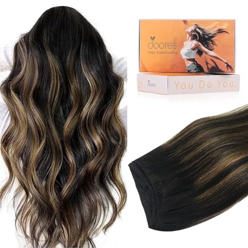 Image of DOORES Weft Hair Extensions, Natural Black to Chestnut Brown 14 Inch 80g, Sew In Real Hair Straight Natural Hairpieces, Double Weft for Women