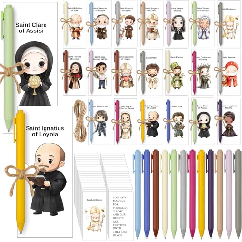 Gersoniel 49 Pcs Catholic Saints Gifts Bulk Prayer Cartoon Saints Bookmarks Bible Verse Ballpoint Pen Set for Reading Bible Study Religious Graduation Gifts for Men Women Church School Supplies