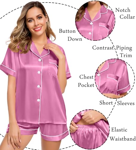 Image of LecGee Womens Silk Satin Pajamas Short Sleeve Loungewear Two-Piece Sleepwear Button-Down Pj Set Mauve Pink X-Large