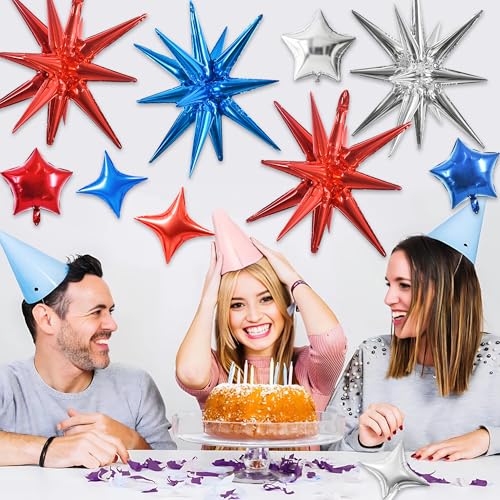Image of TONIFUL 22Inch 15Pcs Red Blue Silver Explosion Star Balloons and 10Inch Four Pointed Star Balloons Set for Christmas New Year Birthday Wedding Bridal Shower Independence Day Anniversary Supplies