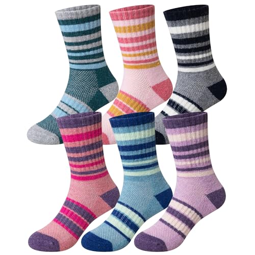 Kids Merino Wool Hiking Socks Toddlers Boys Girls Thermal Warm Winter Cushion Moisture Wicking Crew Boot Socks 6 Pairs