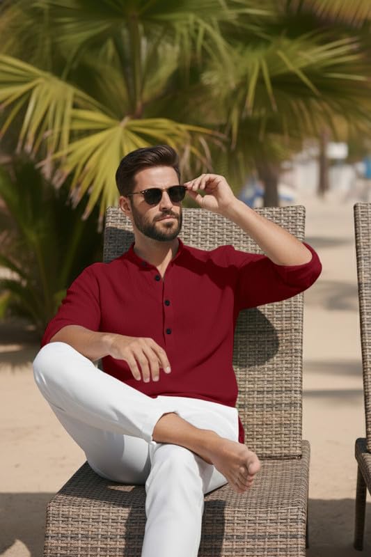 Image of Men's Cotton Blend Short Kurta with Collared Neck Full Sleeves Solid Pattern Western Style Regular Fit and Standard Length