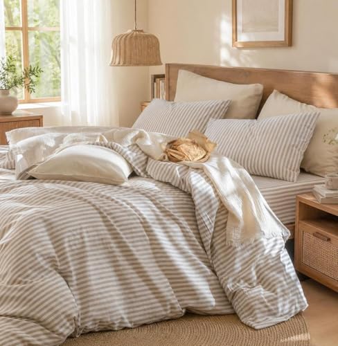 Lanqinglv Bettwäsche 200x220 Baumwolle Gestreift Beige Weiß 100% Renforce Baumwolle Bettwäsche Set mit Reißverschluss ÖKO-TEX Bettwäsche für Allergiker Geeignet 1 Bettbezug & 2 Kissenbezug 80x80 cm