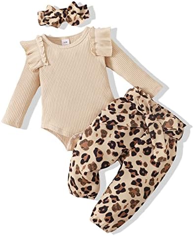 Renotemy Newborn Girl Clothes Leopard Outfits Ruffle Long Sleeve Tops + Apricot Leopard Baby Girl Clothes 3-6 Months