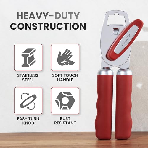 Image of Zulay Kitchen Manual Can Opener Heavy Duty Patented Stainless Steel, Red