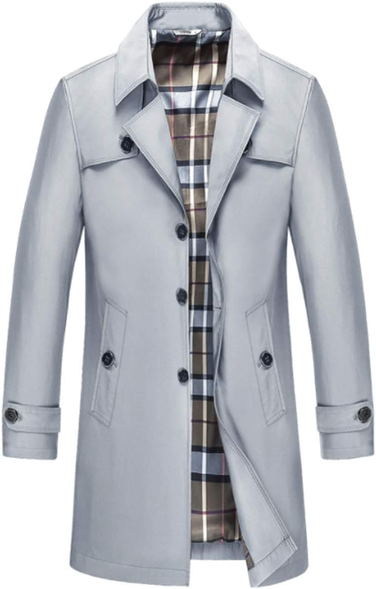 Mens Slim Fit Notched Collar Overcoat Single Breasted Butttons Trench Coat