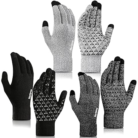 Nertpow Winter Gloves Touchscreen Gloves 3 Packs, Gloves for Men Knit Anti-slip, Gloves for Women with Warm Fleece Lined(Black&Black_White&Soft_Gray_White-L) Cover