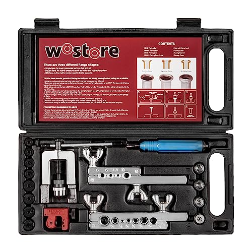 Wostore Doppel Bördelgerät Bremsleitung mit Rohrschneider und Rohrfräser Einzel- Doppel- (SAE) und Blasen- (ISO) Bördelungen für Kupfer Kunststoff Aluminium Rohre 3/16-5/8 7 Größen