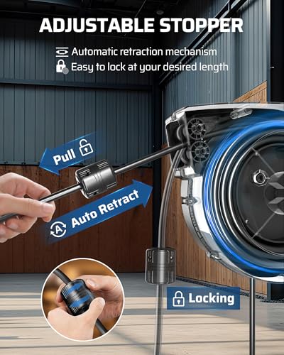 Image of DEWENWILS Extension Cord Reel with Twist-lock Stopper, Brighter Triple Tap Outlet Heavy Duty Power Retractable Cord Reel, 180 Swivel Bracket for Ceiling or Wall Mount, ETL Listed, Black
