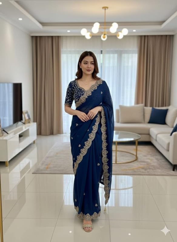 Sari Organza-Seide mit indischer Stickerei und ungenähtem Blusenteil