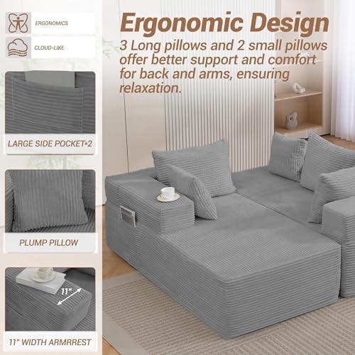 Image of 105'' Cloud Sectional Couch, Modular L-Shaped Boneless Sectional Sofa, Corduroy Deep Seat Couch, Small Space Sofas for Living Room Bedroom Apartment, No Assembly, Grey