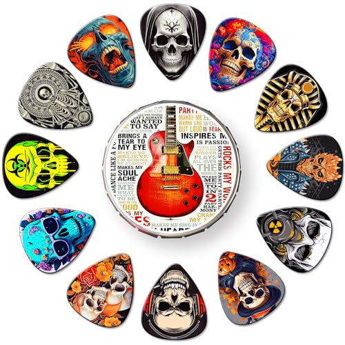 Guitar Picks, 24 Pcs Skull Guitar Pick Thin, Medium, Heavy Guitar Pics,Picks Guitars 0.46 0.71 0.96 1.20mm Thickness,Guitar Picks for Acoustic Guitars Electric Bass (Mix-5)