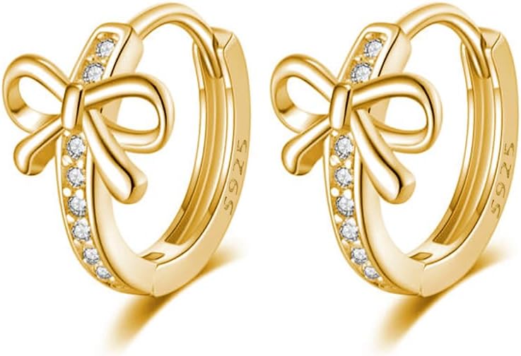 Reffeer Solid 925 Sterling Silver CZ Bow Hoop Earrings Ribbon for Women Teen Girls Bowknot Hoop Earrings Huggie