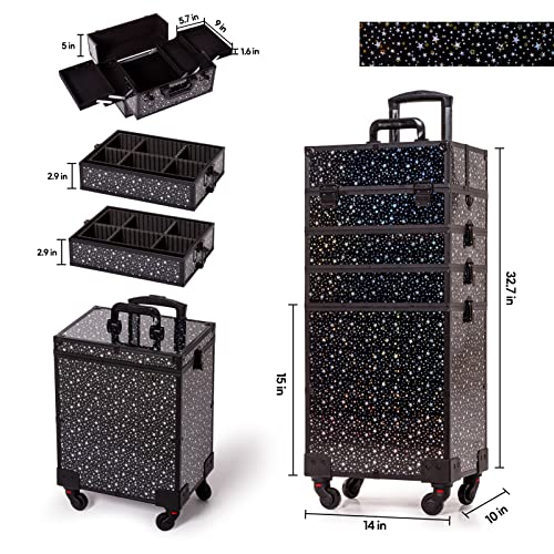 Kechin 5-In-1 Professional Rolling Makeup Train Case Large Storage Cosmetic Organizer Artist Trolley With Key Swivel Wheels Removable Travel Adjustable Dividers For Beauty Personal Care (Black) #TOP3