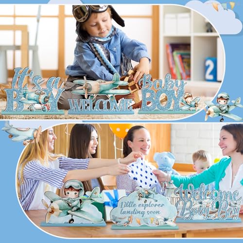 Image of Realspring 6 Pcs Airplane Baby Shower Decorations Airplane Wooden Table Centerpieces for Boy 1st Birthday Party Aircraft Theme Party Decoration It's a Boy Baby Shower Supplies