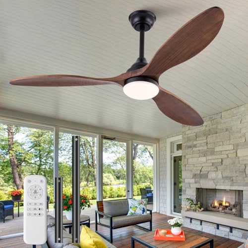 Image of 52 Inch Solid Wood Outdoor Ceiling Fans with Lights and Remote,Walnut 3 Blades,Dimmable,6 Speed Quiet DC Motor, Indoor Outdoor Ceiling Fan for Patios Bedroom Living Room