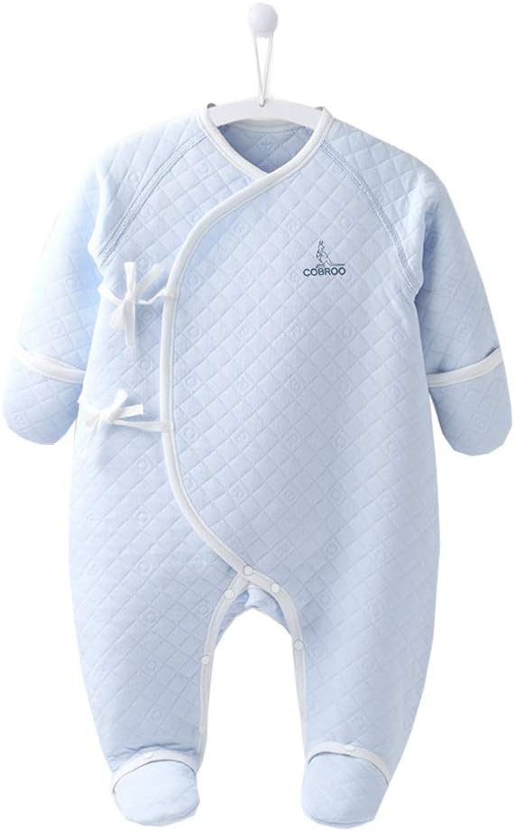 100% Cotton Newborn Footie Pajamas with Mittens Side-Belt Infant Footed Sleeper Cozy Warm Baby Outfits Blue