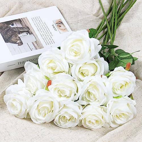Dremisland 12PCS Artificial Rose Flowers 19" Tall Artificial Silk Flowers Realistic Roses Bouquet Long Stem Fake Silk Rose for Home Wedding Party Table Decor(Ivory White) image 6