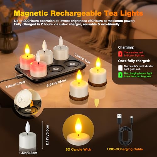 Image of Yme Waterproof Rechargeable Tea Lights with Remote,Magnetic Charger Base | Flameless Votive Candles with Timer,Battery Operated LED Flickering Tealights, Outdoor Pool Home Lantern Holiday Decor,6 PCS