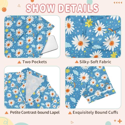 senya Rainbow Daisies Blue Satin Summer Pajama Sets Silk Short Sleeve Button Down Sleepwear3
