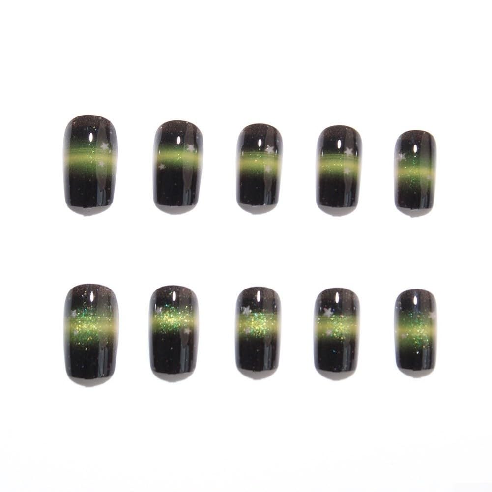 Uñas Postizas Cuadradas Verde Ojo de Gato 24 para uds Uñas Postizas