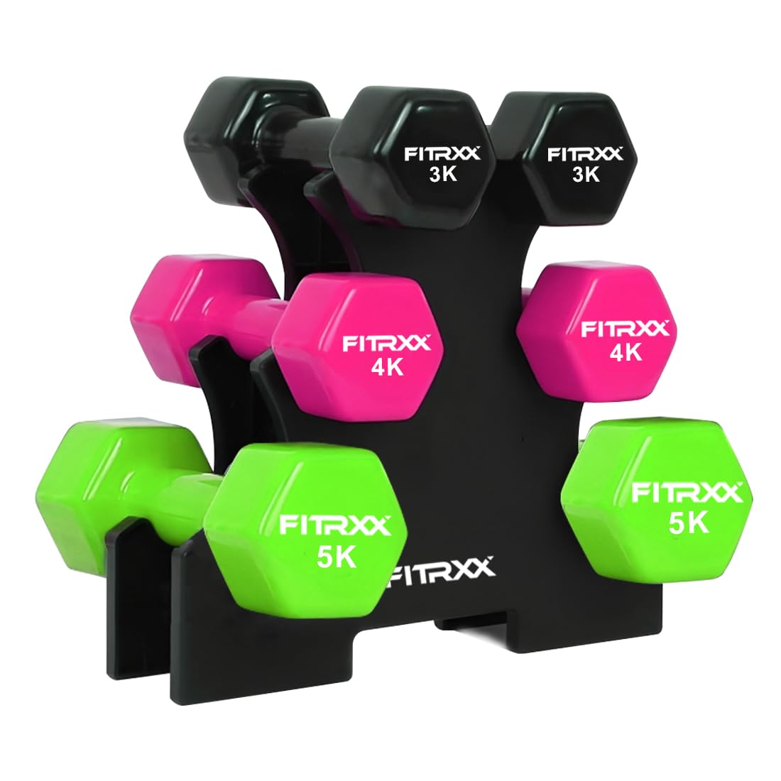 Fitrxx Vinyl Dumbbells With Stand | Men and Women | Non-Slippery Dumbbell for Home and Gym | Full Body Workout (Multicolor, (3 kg, 4 kg, 5 kg = 24 Kg)-image-13