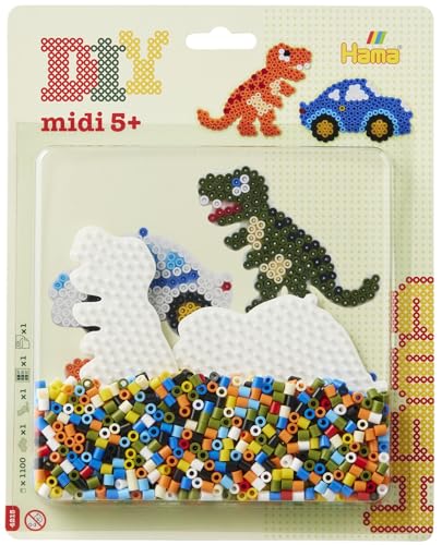 Hama Perlen 4215 BĂĽgelperlen Dino und Auto, Blisterpackung mit ca. 1.100 Midi-Perlen, 2 Stiftplatten zum Zusammenstecken, BĂĽgelpapier und Anleitung, fĂĽr Kinder ab 5 Jahren