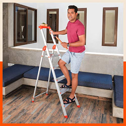 Image of Bathla Elevate 5-Step Foldable Aluminium Ladder for Home with Tool Tray | Anti-Skid | Durable, Heavy Duty, Safe & Stylish | 5-Year Warranty | Orange