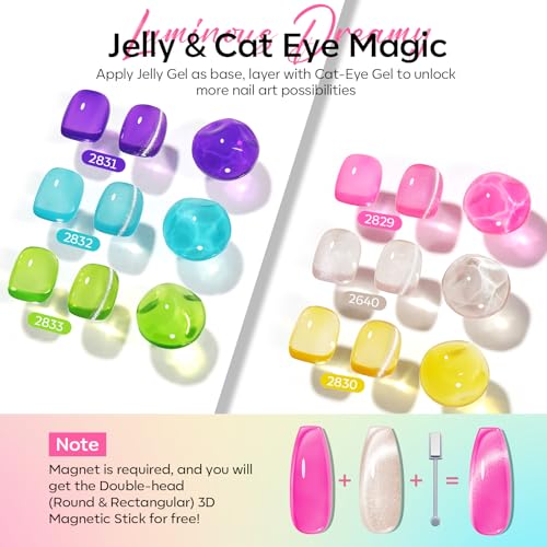Image of modelones Gel Nail Polish Set, 6 Colors 2026 Summer Nude Cat Eye Gel Polish Translucent Bright Neon Hot Pink Yellow Green Purple Blue Sheer Jelly Nail Polish W Magnet & Liner Nail Brush LED Gift