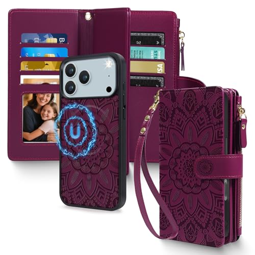 Harryshell 2 in 1 for iPhone 18 Pro Max / 17 Pro Max Wallet Case Detachable Floral Burgundy