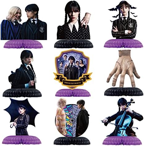 9 Pcs Wednesday Addams Honeycomb Centerpiece Table Decorations, Black Centerpieces for Birthday Party Supplies, Double Sided Halloween Theme Decor
