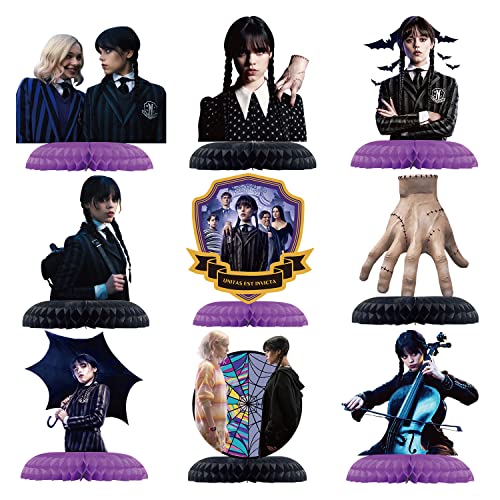 9 Pcs Wednesday Addams Honeycomb Centerpiece Table Decorations, Black Centerpieces For Birthday Party Supplies, Double Sided Halloween Theme Decor #TOP11