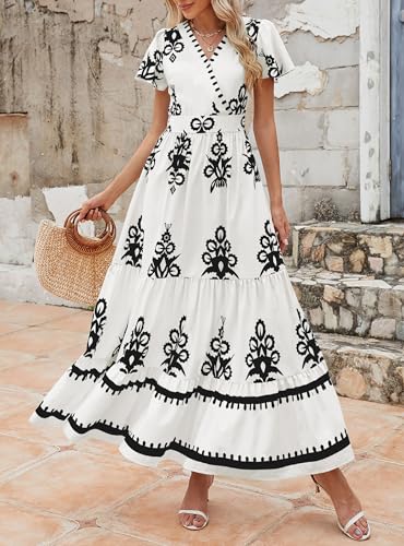 Image of PRETTYGARDEN Womens 2026 Summer Casual V Neck Boho Maxi Dress Flowy Aline Bell Sleeve Tiered Floral Dresses with Pocket